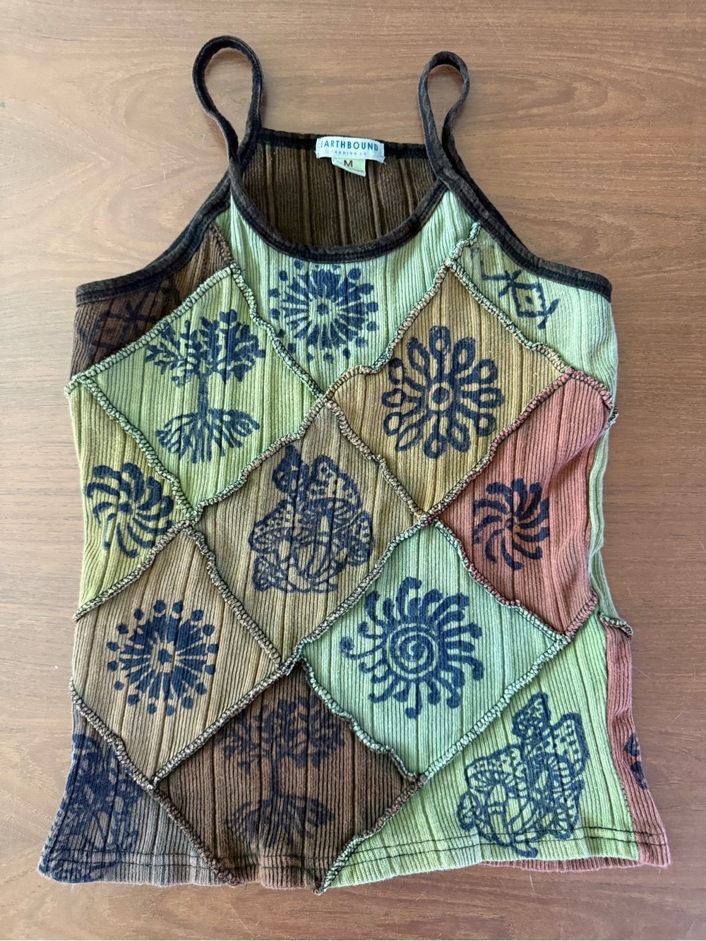 Earthbound Patchwork Ribbed Boho Camisole Tank Top Sage Brown Multi